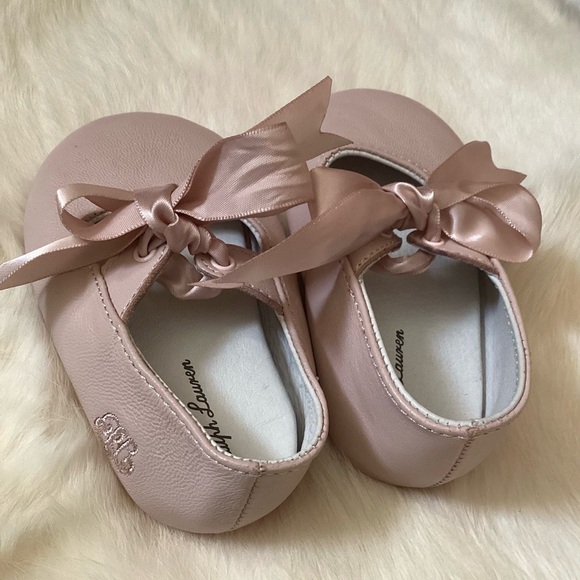 💗 RALPH LAUREN Pink Lambskin Ballet Flats with Satin Bow EUC Baby Shoes - Picture 8 of 11
